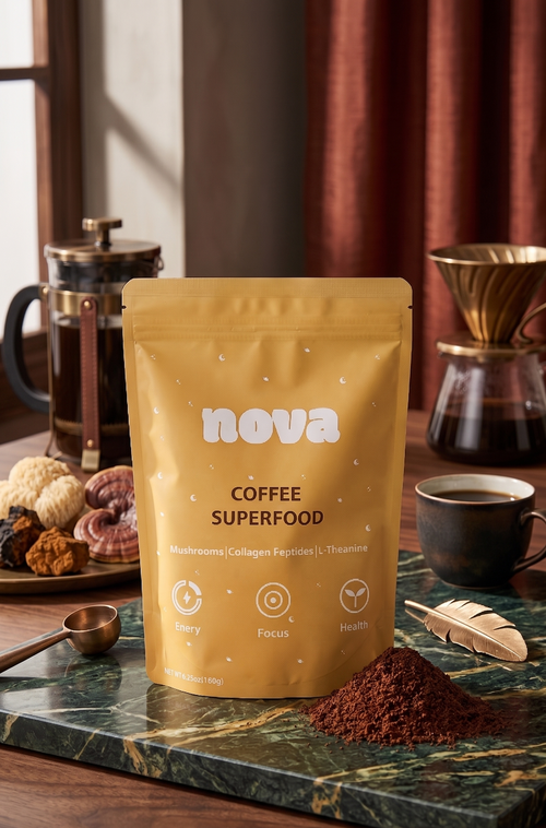 Yellow Nova Coffee Superfood packaging on a marble surface with coffee beans and a cup in the background.