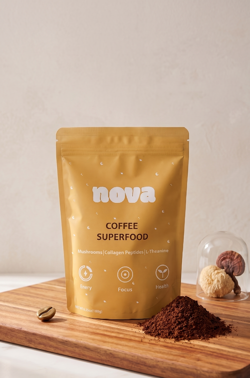 Nova Coffee Superfood package on a wooden board with coffee grounds and a white background
