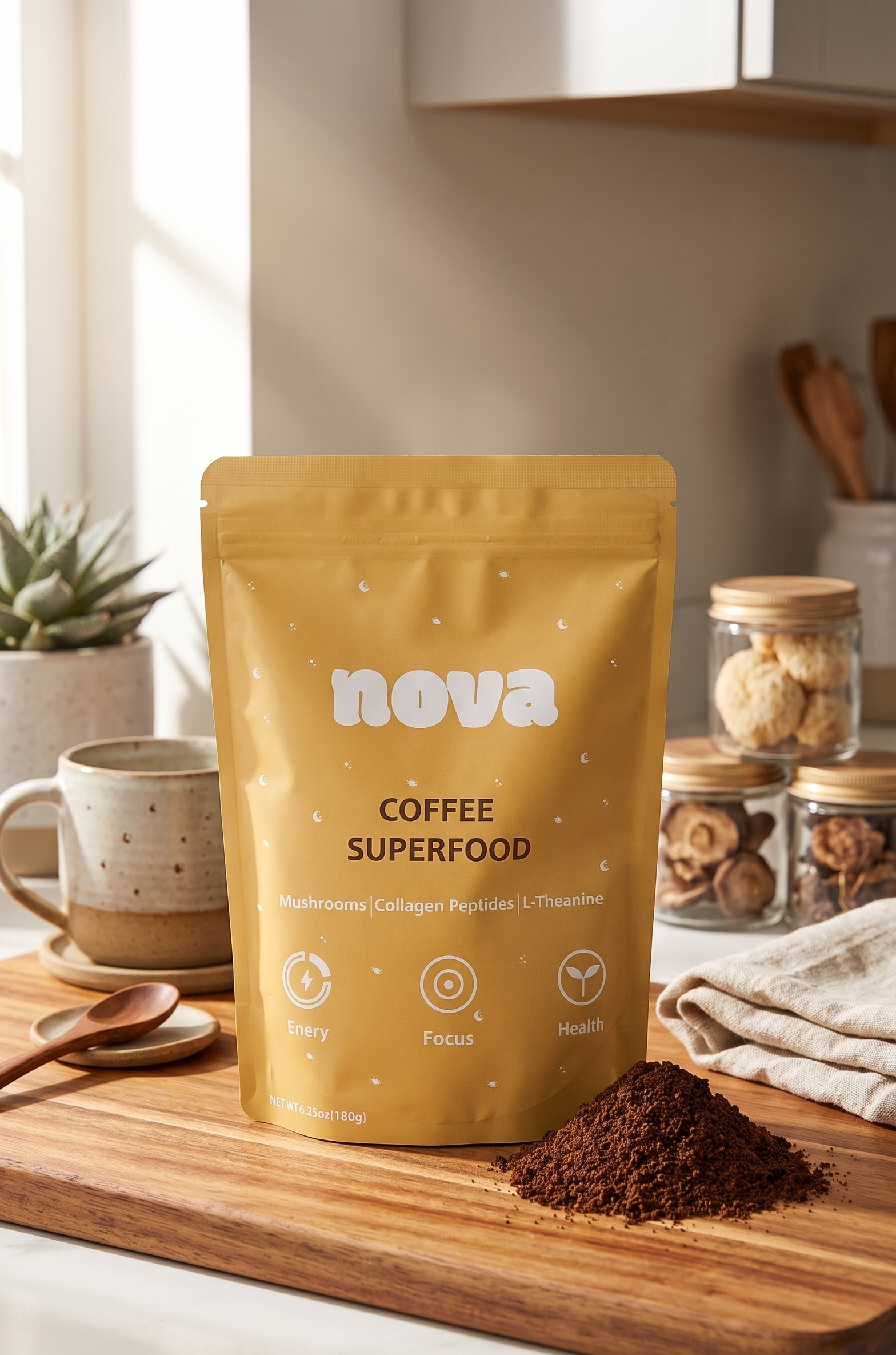 Yellow package of 'nova Coffee Superfood' on a wooden surface with coffee grounds and kitchen items in the background.