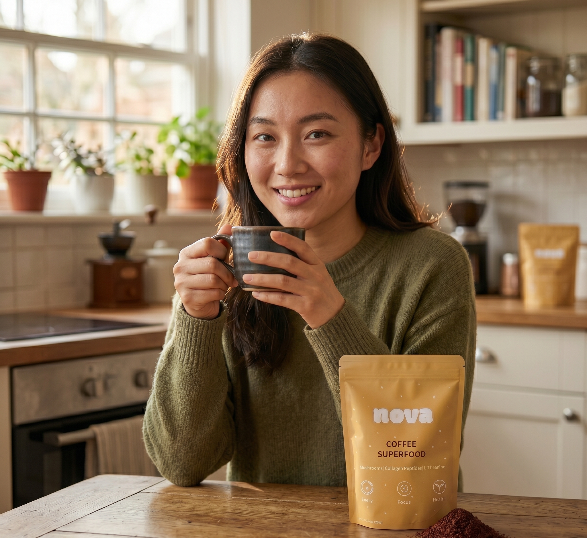 Woman holding a mug with a package of 'nova Coffee Superfoods' in a kitchen.